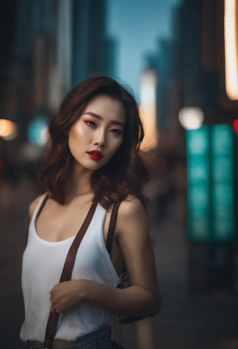 A beautiful young Korean woman with loose hair, Sehr sexy gekleidet, Posieren und in die Kamera schauen, with a cyberpunk street of Gangnam in the background. (the best quality,4K,8K,High resolutions,Meisterwerk:1.2), Ultra-detailliert, (Realist,fotorealistisch,fotorealistisch:1.37), HDR, UHD, Studiobeleuchtung, Extreme Detailbeschreibung, Professionell, Lebendige Farben, Bokeh Portraits, Cyberpunk, road, Mode, Technology Beautiful, detailreiche Augen, Beautiful, detaillierte Lippen, lange Wimpern Lockeres und lockeres Haar, Sexy Costume, Sichere Pose, Direkter Blick Futuristische Neonlichter, Busy cityscape, Holografische Anzeigen Lebendige Farben, mysterious atmosphere, Avantgardistischer und eleganter Stil Sandige Texturen, Concrete buildings, Advanced Technology Elements Mode-Accessoires, high heels, Stilvolles Make-up Dynamische Komposition, Diagonale Linien, Tiefe & Perspektive Spannende & topaktuelle Modetrends, Modernes und trendiges Ambiente