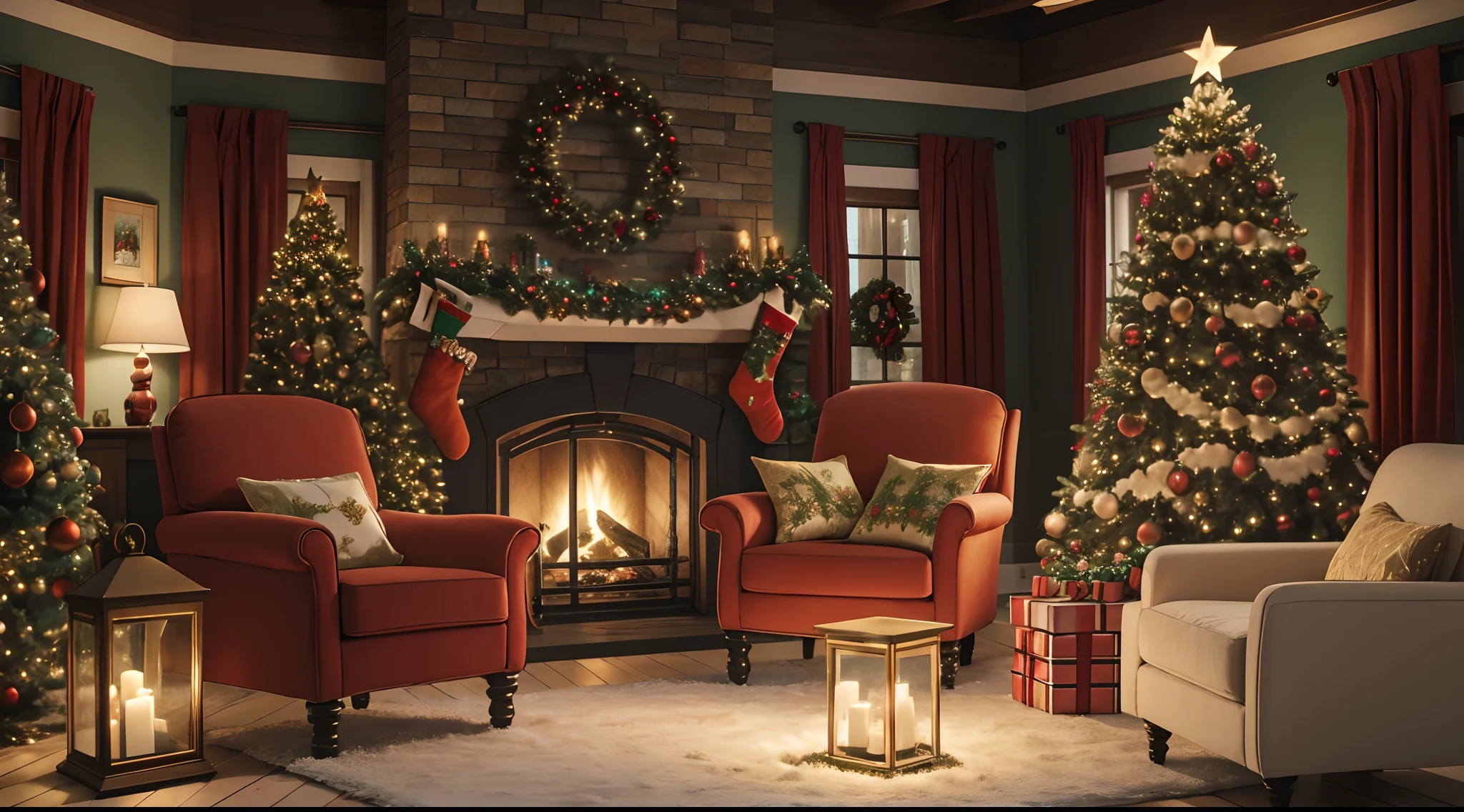 A cozy living room with a Christmas tree, decorated with beautiful lights and ornaments. [Warm and inviting atmosphere], [festive colors: red, green, gold], [soft and warm lighting], [detailed Christmas decorations], [comfy sofa and armchairs], [fireplace crackling with a warm fire], [festive holiday music playing softly in the background], [family gathering and exchanging gifts], [smell of fresh pine], [joyful and relaxed ambience], [sparkling snowflakes outside the window], [children building a snowman in the backyard]. (best quality, highres, ULTRA-HD), [vibrant colors], [realistic textures], (cozy and inviting atmosphere), [festive and joyful mood].