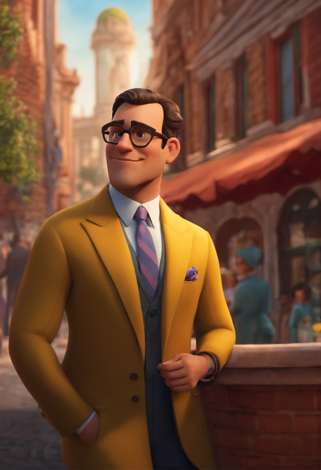 A city councilman looking at a dream project inspired by Pixar animation, de perto. The character takes center stage with captivating facial expressions, oferecendo um toque de irrealidade