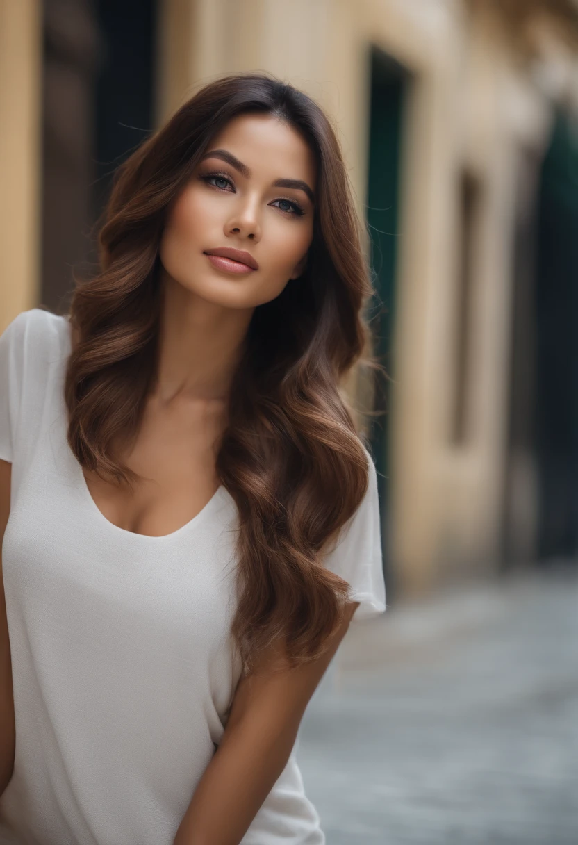 Asian, Beautiful, delgado, fofo, Anos 30, beautiful face, pele bonita, atriz, maduro, parte superior do corpo, cabelos castanhos claros, cabelos finos, Live Action, master part, best quality, muito elaborado CG Unity 8K wallpaper, Ultra High Definition, Moda Casual, The lighting, summer fashion, (cabelos castanhos naturais: 0.8), (olhos inchados), look at audience, Virar, cabelos descoloridos, pose do modelo, fundo branco, tipo de pele delicada, cabelos cacheados claros, hands around the mouth, camiseta branca, foto do modelo do cabelo