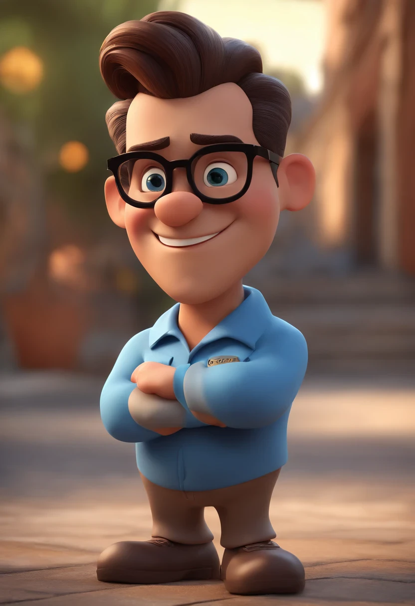 Cartoon character of a man with black glasses and a blue shirt, animation character, Caractere estilizado, animation style rendering, 3D estilizado, Arnold Maya render, 3 d render stylized, toon render keyshot, Personagem 3D, Personagem 3D, 3d rendering stylized, 3 d character render, personagem de desenho animado, Personagem de close up, Pose de personagem, (Estilo Pixar) (master part:1.2) (Bokeh) (best quality) (pele detalhada) (textura detalhada) (8k) (argila) (Cinematic lighting) (foco nítido