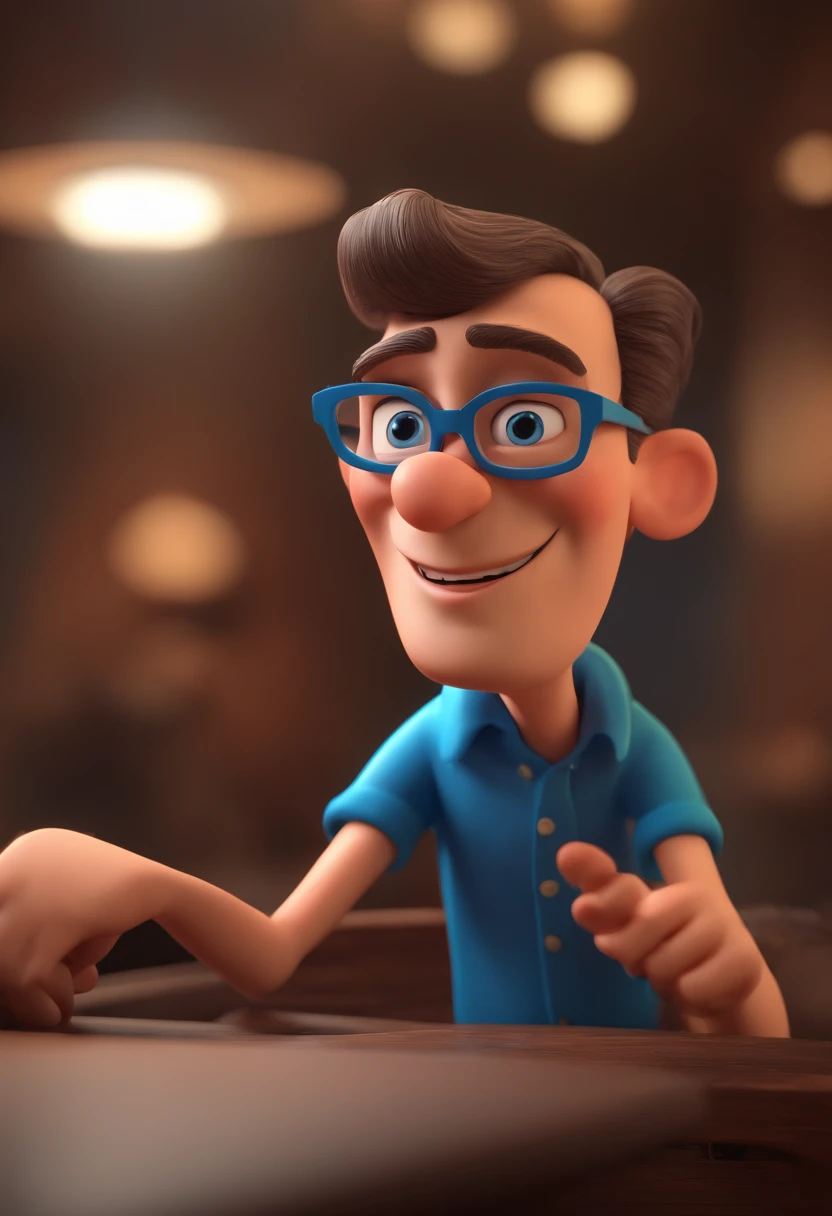 Cartoon character of a man with black glasses and a blue shirt, animation character, Caractere estilizado, animation style rendering, 3D estilizado, Arnold Maya render, 3 d render stylized, toon render keyshot, Personagem 3D, Personagem 3D, 3d rendering stylized, 3 d character render, personagem de desenho animado, Personagem de close up, Pose de personagem, (Estilo Pixar) (master part:1.2) (Bokeh) (best quality) (pele detalhada) (textura detalhada) (8k) (argila) (Cinematic lighting) (foco nítido