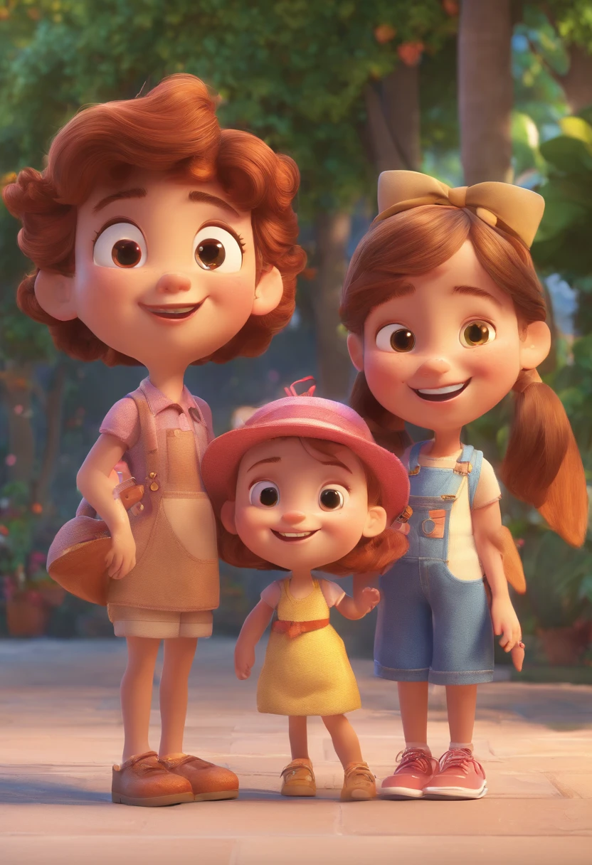 Estilo Pixar: Familia, Um pai, A mother and two girls. Uma de 6 anos e outro de 2 anos . Uma fazenda com vacas lindas e marrom .
