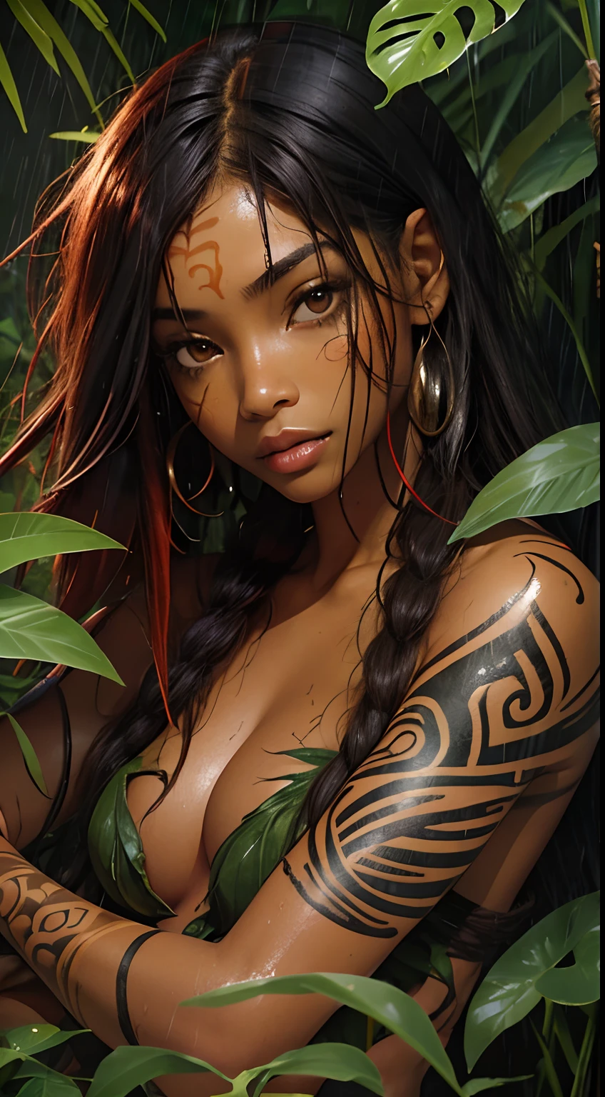 1girl, [red hair|black hair], \(savage, dark skin, jungle, tribal, amazone, wet\)_girl, \(savage, jungle, tribal, amazone, fur, bones\)_\(clothes, clothing\), tribal_\(marks, tatoo\), small breasts, barefoot, girl skinny, rainforest, rain, downpour, from above,