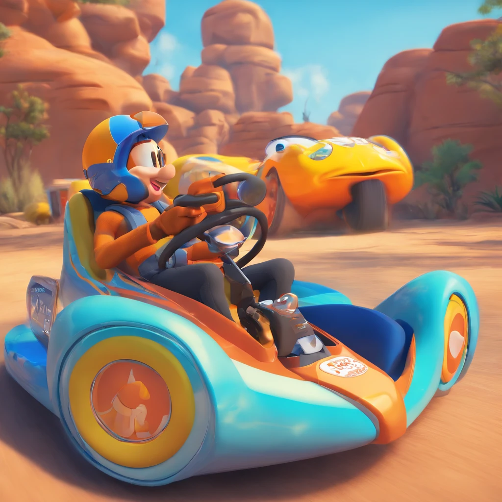 "Make a Disney Pixar-style picture, em 3d" Um piloto em um kart azul, numeral 159, capacete azul, laranja, amarelo, branco