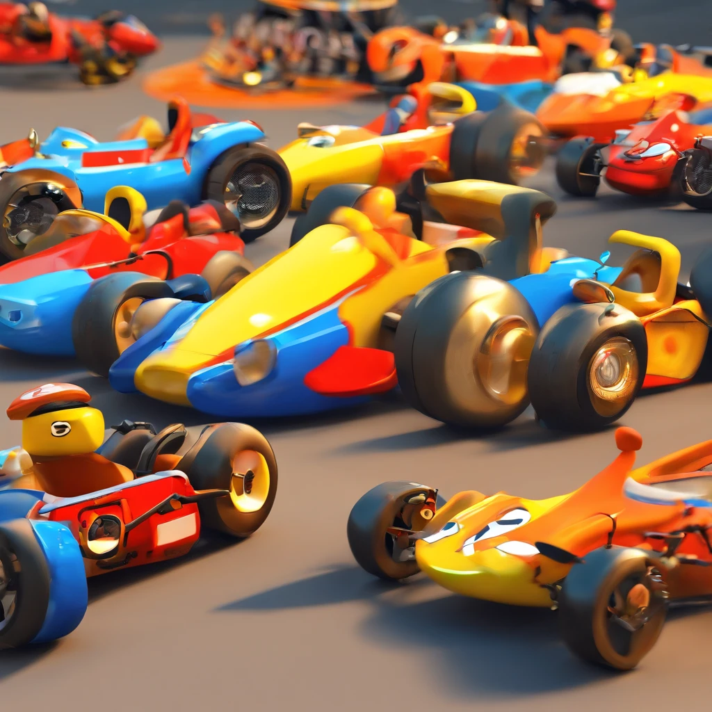 "Make a Disney Pixar-style picture, em 3d" Um piloto em um kart azul, numeral 159, capacete azul, laranja, amarelo, branco