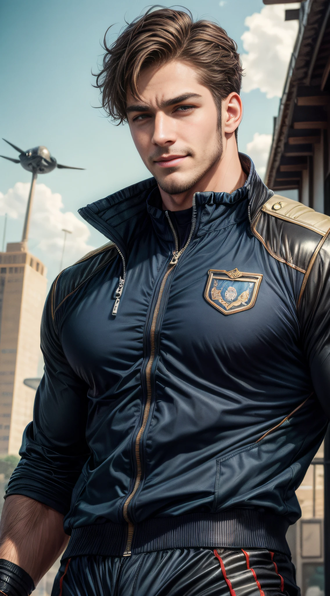 ((Masterpiece, Best quality, high resolution))，Strong man，Aviator，captain，Wear a pilot suit，ssmile，Confident enough，Throw a wink，Handsome，年轻，anime style art