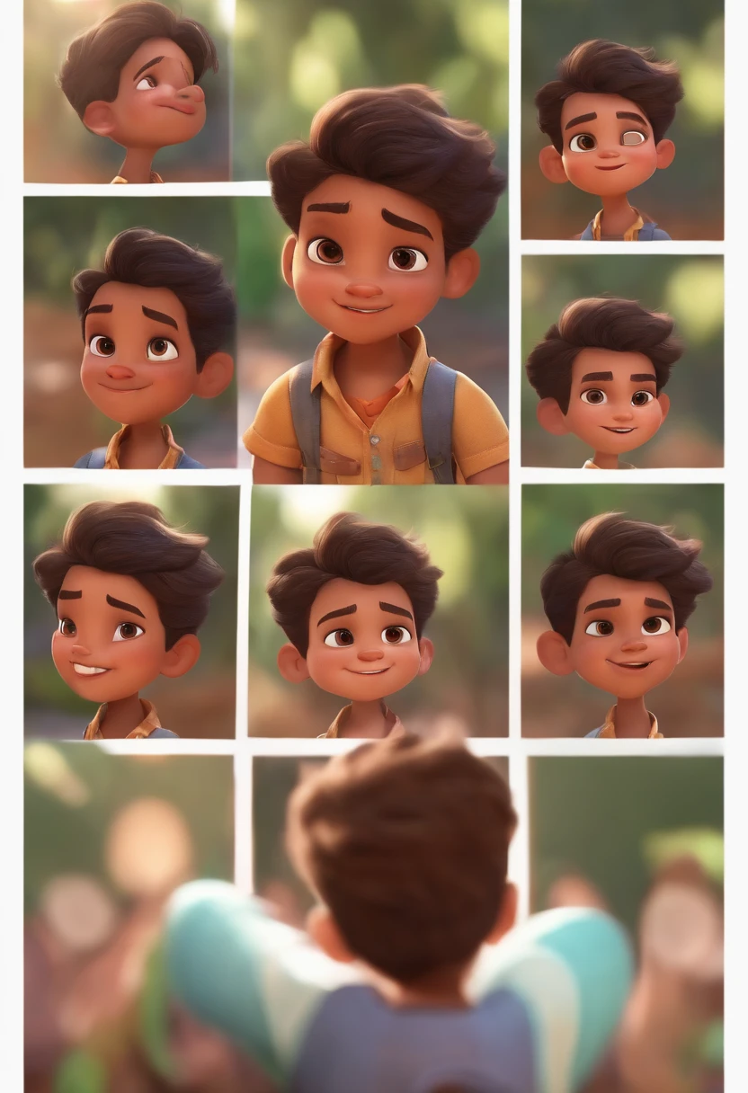 Image of a boy for a story in a YouTube video in Pixar format, He's the little allabester, He's the class leader, He's outgoing, Playful and gets up for a lot of things, cabelo curto