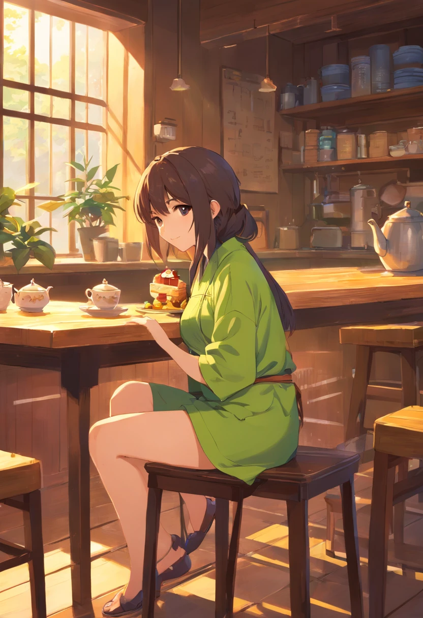 Em uma tarde ensolarada，Um canto do grande jardim，Um orc lobo macho fofo de calcinha(cabelos brancos，Heteropupilo，Shota)Sit on a stool and enjoy afternoon tea belly up at the table