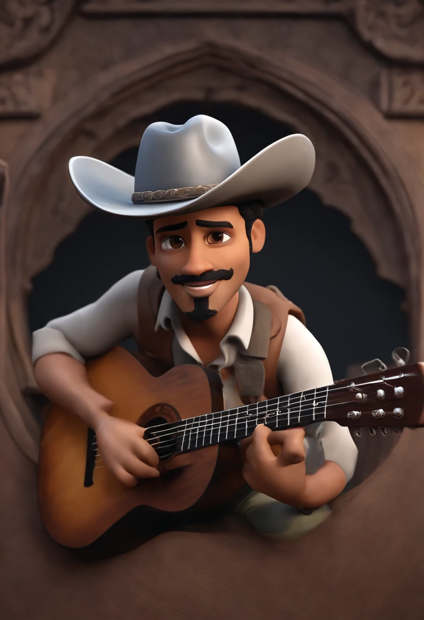crie um banner no estilo Pixar. A man with Indian features, Brown brunette in cowboy hat, olhos Castanhos escuros, com barba preta, Curly and slightly grayish appearance, mas adulto, usando uma jaqueta marrom, Wearing jeans and holding a classical guitar with 7 strings.