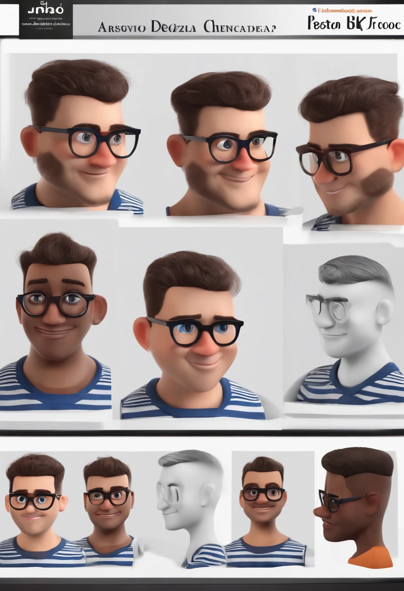 Cartoon character of a man with thin glasses and a blue and white vertical striped shirt, animation character, Caractere estilizado, animation style rendering, 3D estilizado, Arnold Maya render, 3 d render stylized, toon render keyshot, Personagem 3D, Personagem 3D, 3d rendering stylized, 3 d character render, personagem de desenho animado, Personagem de close up, Pose de personagem, (Estilo Pixar) (master part:1.2) (Bokeh) (best quality) (pele detalhada) (textura detalhada) (8k) (argila) (Cinematic lighting) (foco nítido), homem de 41 anos, cara redonda, cabelo castanho