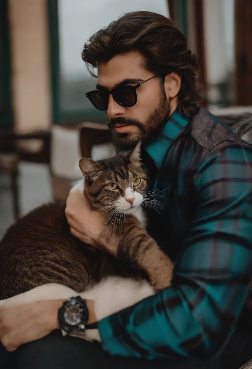 Edvando, usando uma camisa xadres, moreno, usando oculos preto, cabelo preto, com 2 gatos