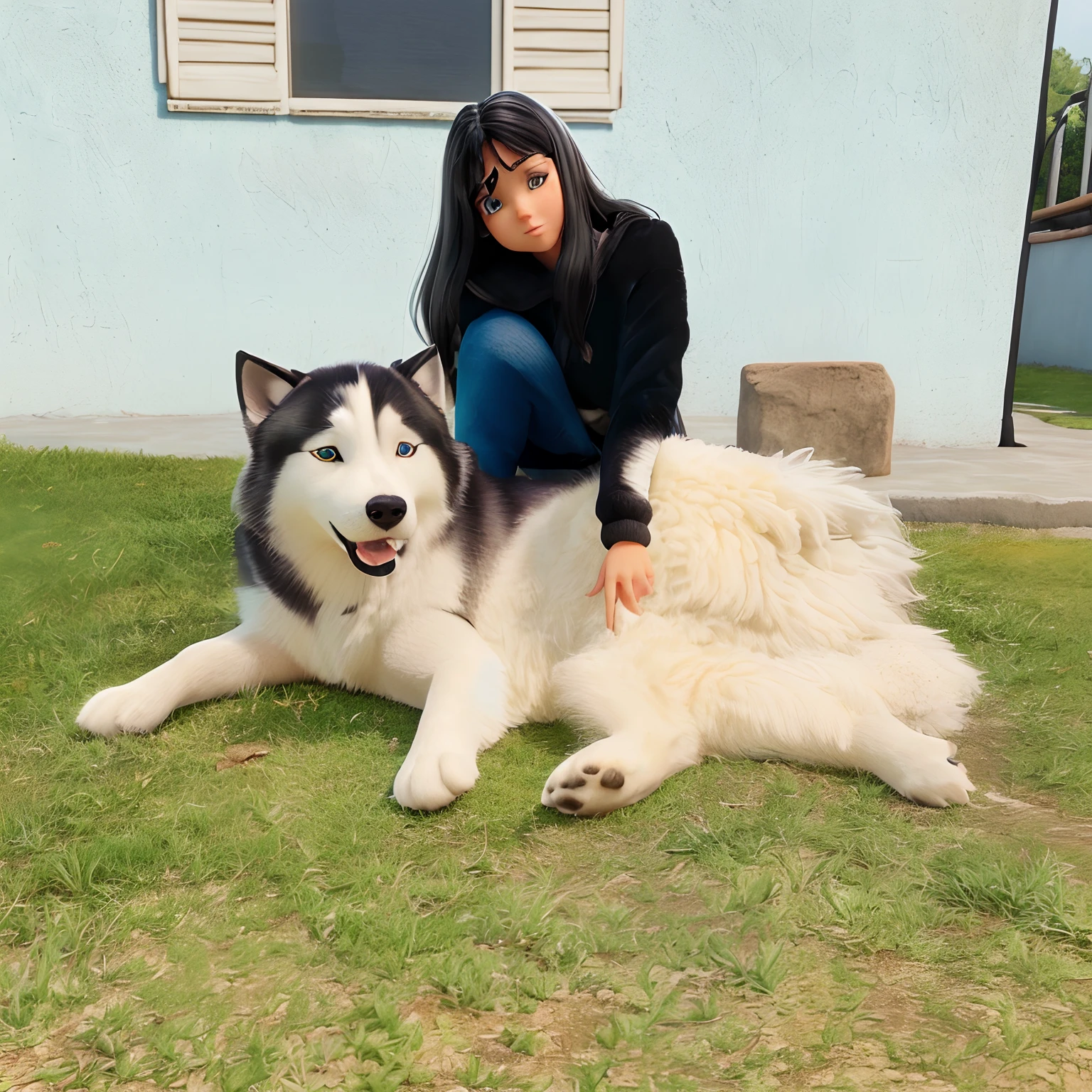 (black-haired white girl, petting, dog, Siberian Husky, gray, blue eyes), [illustration], [highres], [realistic], (best quality:1.2), detailed girl, beautiful detailed eyes, beautiful detailed lips, petting dog, extremely detailed eyes and face, long eyelashes, soft petting gesture, peaceful garden background, warm sunlight, vibrant colors.