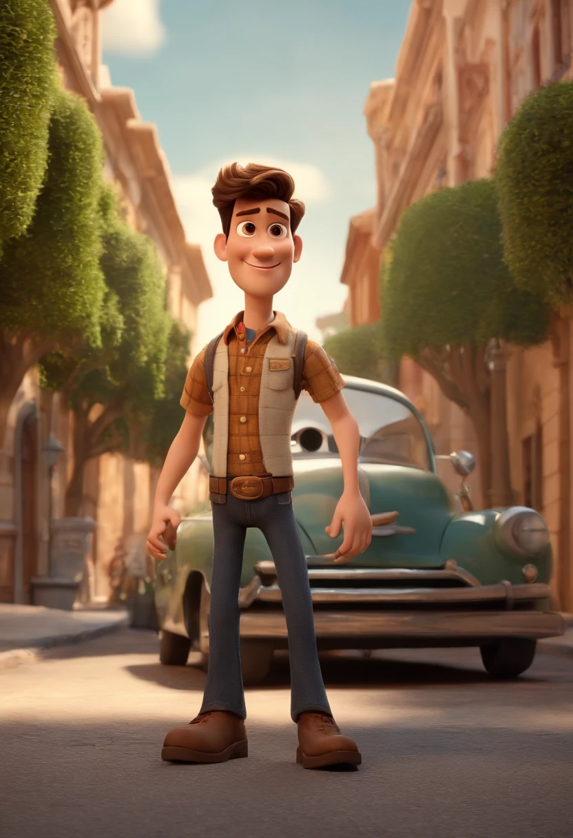 a happy cute, homem de 28 anos cabelo curto vestindo um terno social, , fundo branco, barnet, Tom, Estilo Pixar, ....3d, desenhos animados, rosto detalhado (baseado na imagem) asymmetrical 16k homem de 28 anos, cabelo escuro, olhos castanhos claros, em uma avenida movimentada, com roupas sociais, terno, estilo pixar, realista