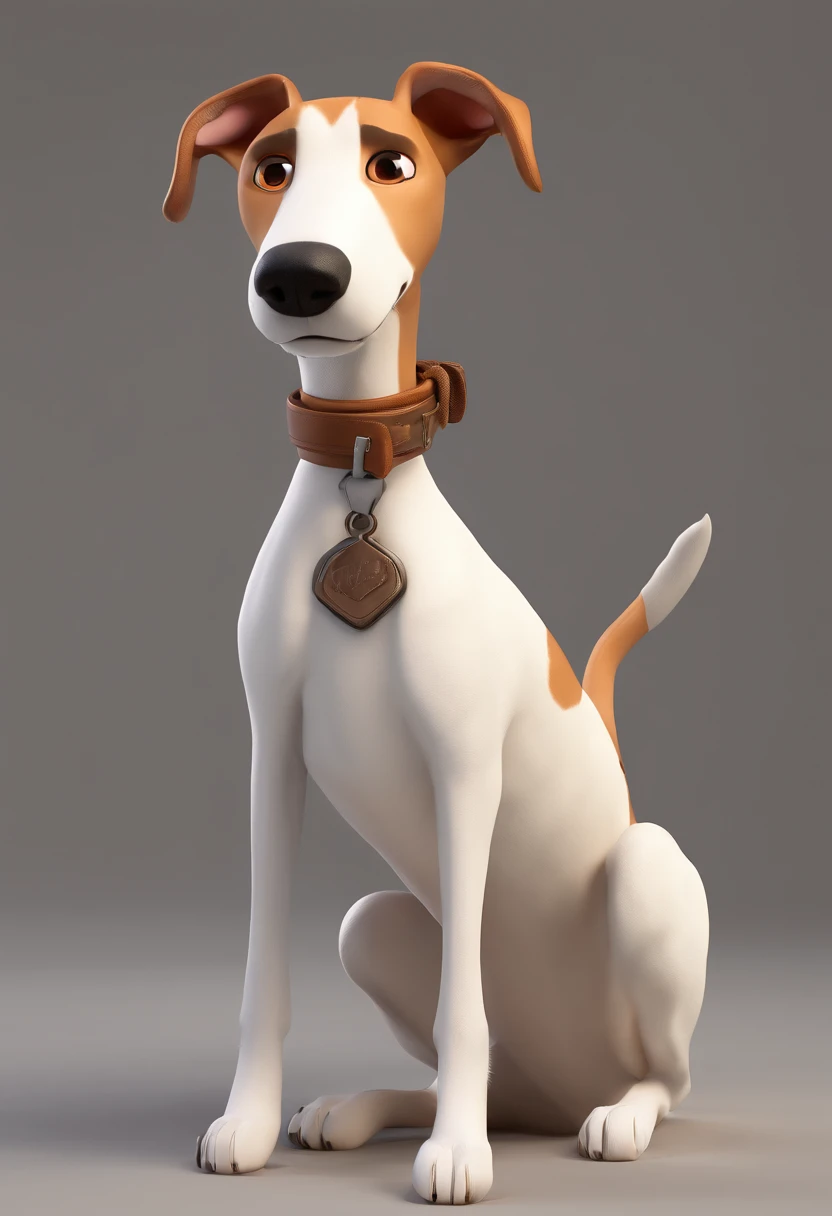 Estilo Pixar: uma cachorra Whippet branca com uma mancha marrom nas costas no formato de asas