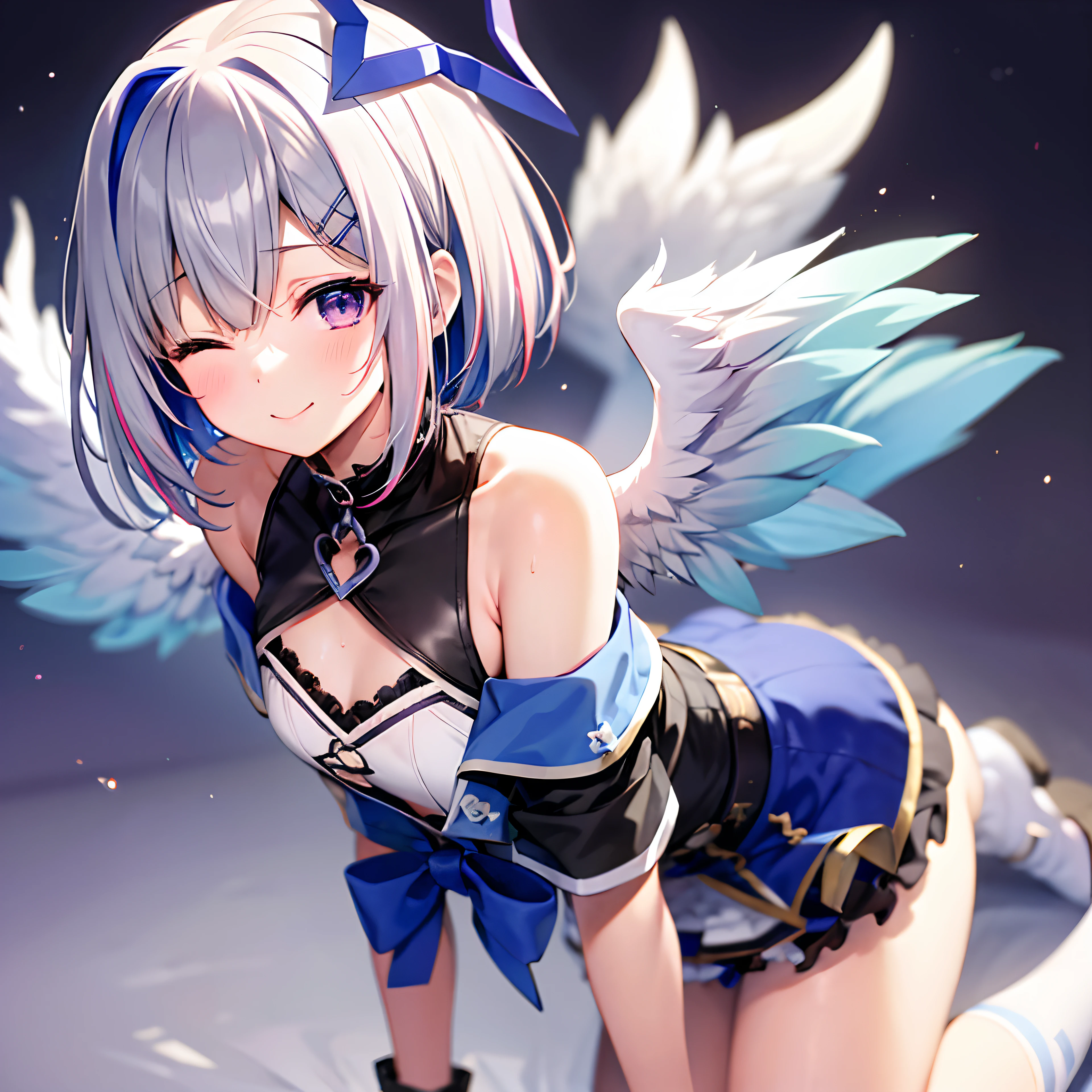 amane kanata, 1girl in, Solo, Short hair, Bangs, Simple background, Bow, Blue hair, Purple eyes, Jacket, Grey Hair, multicolored hair, Wings, blue bow, bob cuts, Feathered wings, Asymmetrical hair, Angel wings, Colored inner hair, one white winged, single hair intake, Star Halo, 鎖骨，flat chest，posterior view，Sweat from exercise, etc.，Bare shoulders,gloves,Teasing smile,one eye closed