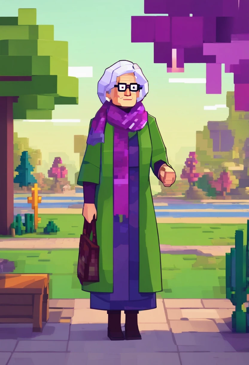 masterpiece, best quality, an old woman with glasses and a scarf on, wearing a purple coat and green scarf, standing at the park