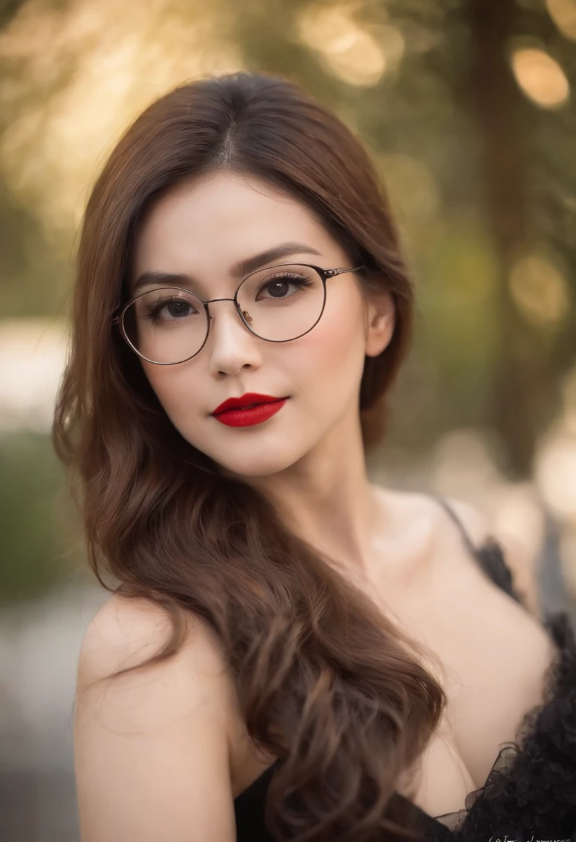 Mulher bonita chinesa，Cabelos ondulados grandes，red lips，wearing glasses，Vestido Profissional，Clareamento da Pele，Melon Seed Face，long eyelashes，clivagem em close-up, cabelos avermelhados, seios grandes
