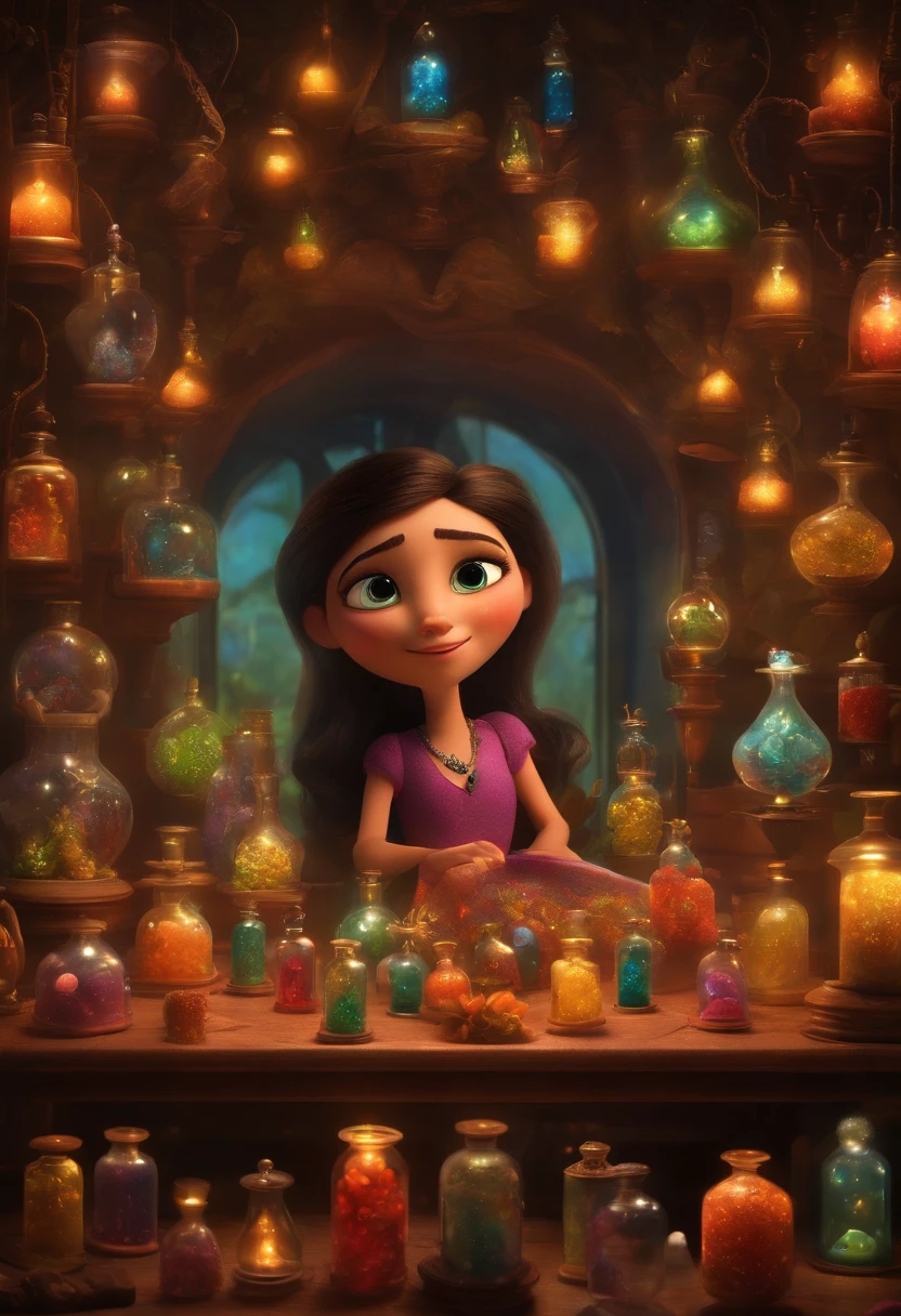 A collector of ideas inspired by Pixar animation, de perto. She is surrounded by a collection of magic vials, each containing a unique idea. The focus is on the character, with a captivating facial expression, Against a backdrop of shimmering, cores efervescentes.