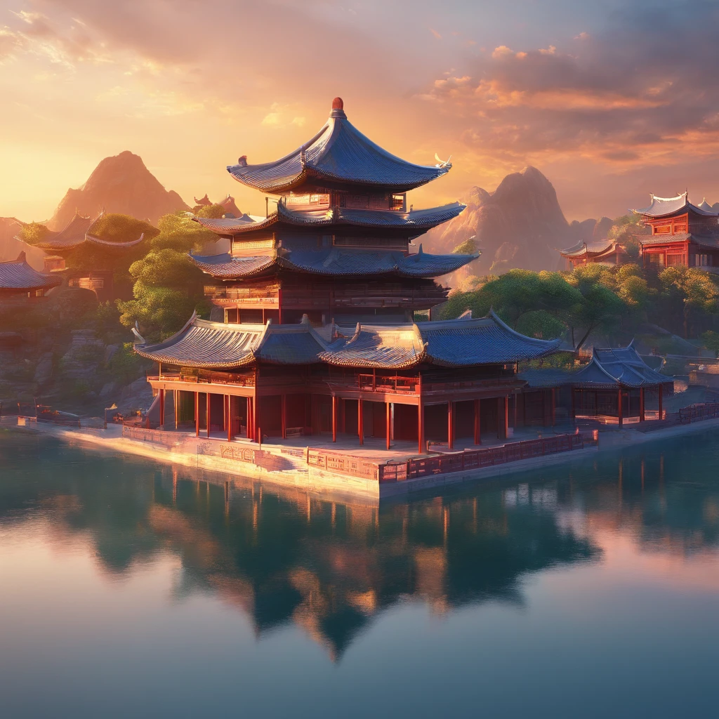 Ancient Chinese scenery, Montanhas, Rios, nuvens auspiciosas, luz solar, Obras, Super Detalhe, Epic composition, Ultra HD |, alta qualidade, extremamente detalhado, Arte Oficial, Papel de parede 8k unificado, Super Detalhe, 32k -- em 6