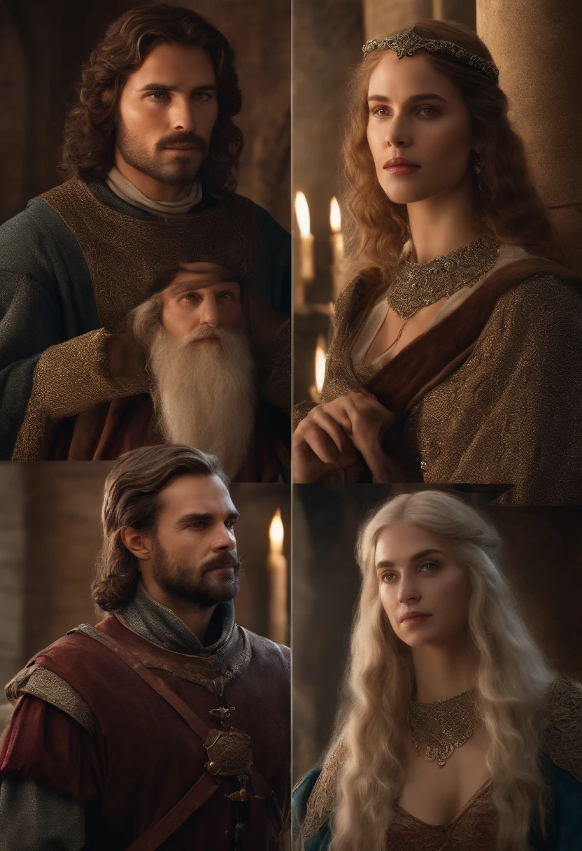 Extremely detailed poster image of four characters, dois homens e duas mulheres;, ((estilo medieval, Classe de personagem RPG)), 8k UHD, Fotografia RAW, pintura digital, ultra detalhado, proportion Aurea