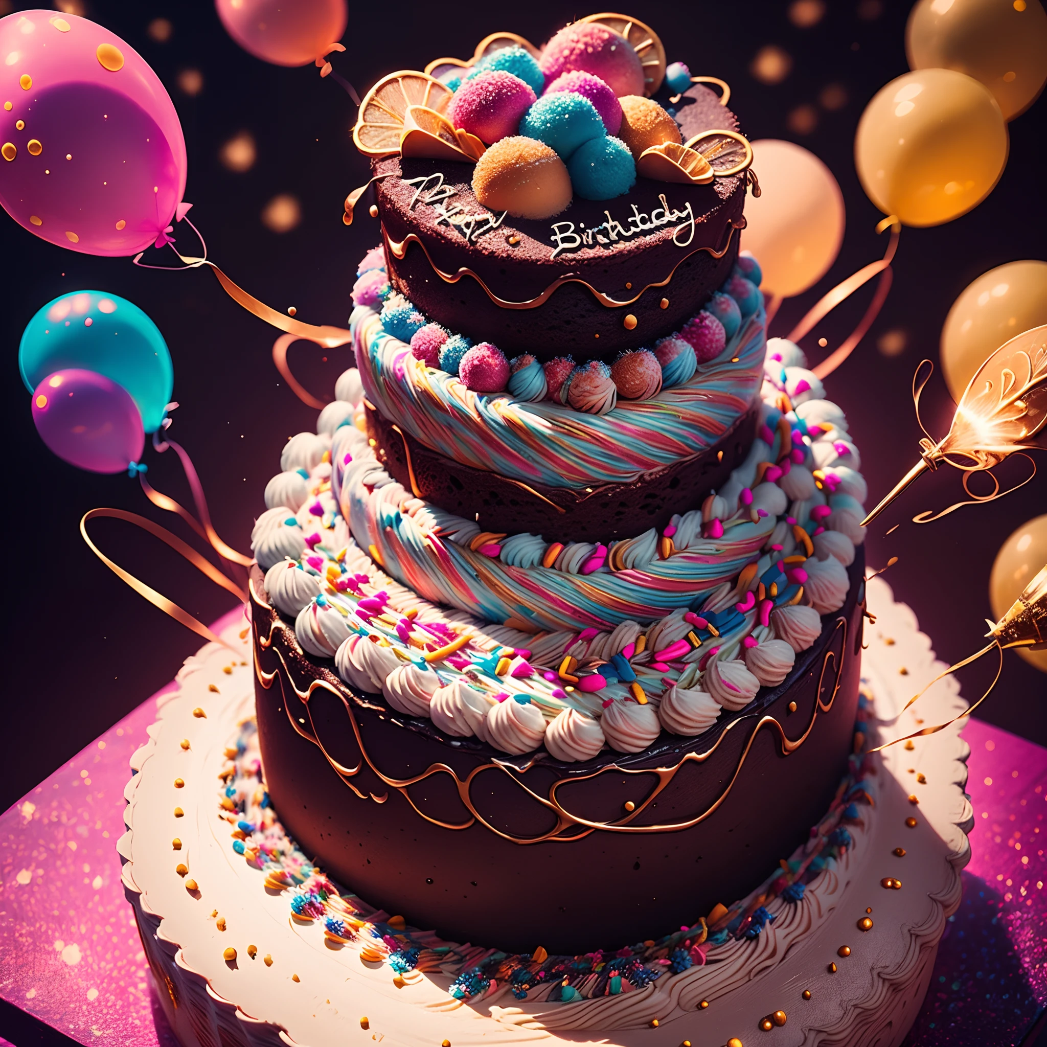 a birthday cake,detailed hand-drawn illustrations,vibrant colors,highres,cake with candles,creative art style,multicolor icing,deliciously decorated cake,top view of the cake,celebration atmosphere,colorful sprinkles,lit candles on the cake,party decorations,happy birthday written on the cake,impressive details of the icing,floral decorations on the cake,smooth and creamy texture,rich chocolate layers,dotted borders around the cake,sparkling edible glitter,an elegant cake stand,presenting the cake with joy and excitement,blowing out the candles,excited party guests,enjoying the festive moment,happy and smiling faces,memorable birthday celebration,vivid lighting,expressive brush strokes,beautifully crafted cake design,pastry masterpiece