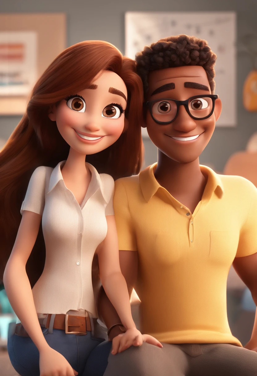 An illustration of an adorable couple, Highlight for a chubby black man with glasses smiling and a brunette woman with beautiful expressive eyes - the man's skin is black and the man's hair is curly while the woman's skin is white and the woman's hair is straight and brown. They are a bright room, cada um com um sorriso no rosto, e compartilhar um momento especial caracterizado pelo amor, Insights. Illustrate this scene from a perspective where they are facing the camera, Smiling and Showing Your Connection. Desenvolva esta arte em Full HD, Focus on your cinematic touch, Estilo Disney Pixar Animations