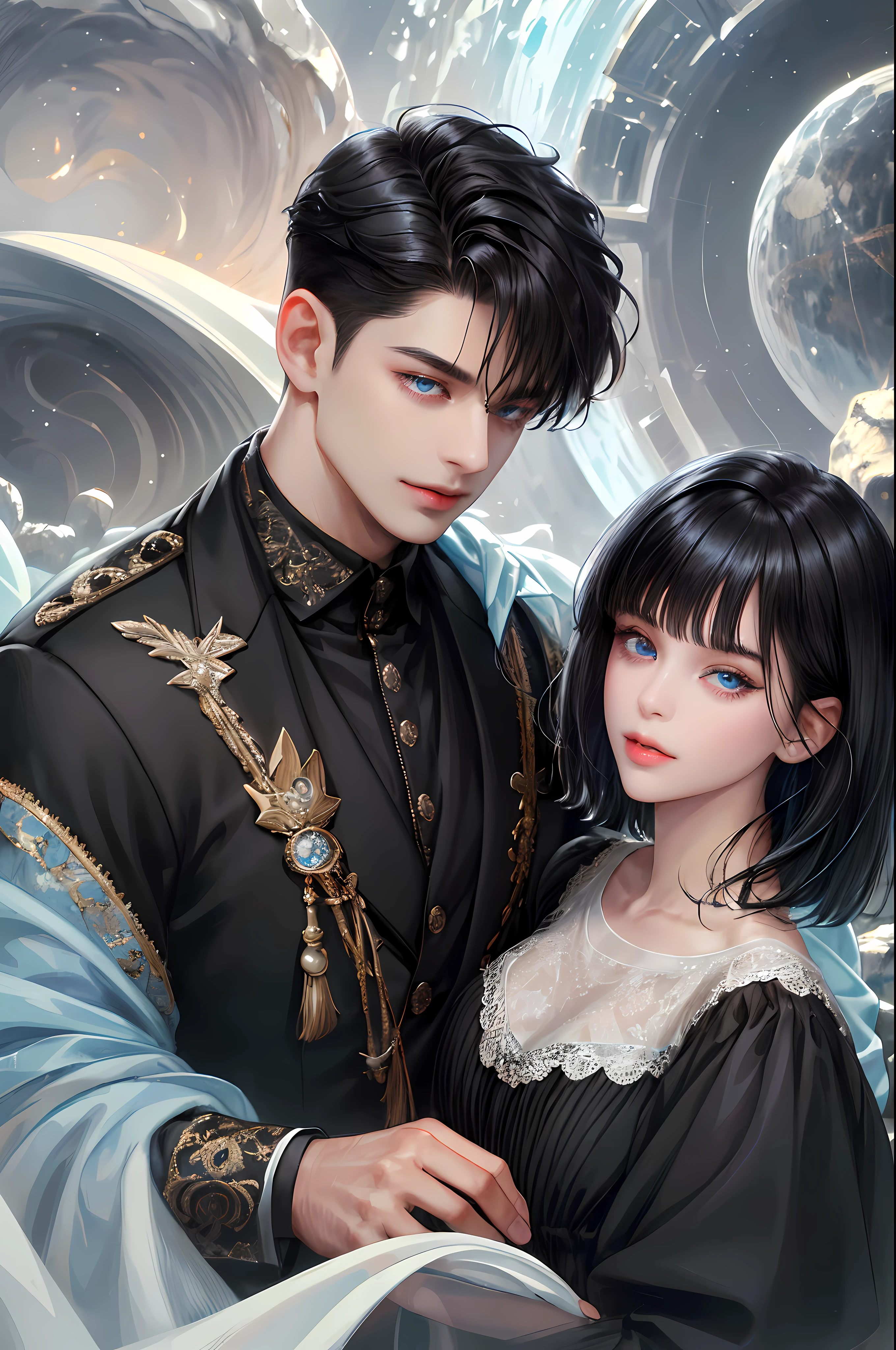 (absurdly , high quality , masterpiece , ultra detailed), ( detailed to hand ) (detailed to eyes) (detailed to face) , couples, 1 man (short black Quiff hair with Soft Fringe, bangs part on side 3:7 ratio) and 1 woman (short black hair with fringe) love ,pretty eyes (blue eyes) , black hair, fantasy, detailed background, soft light