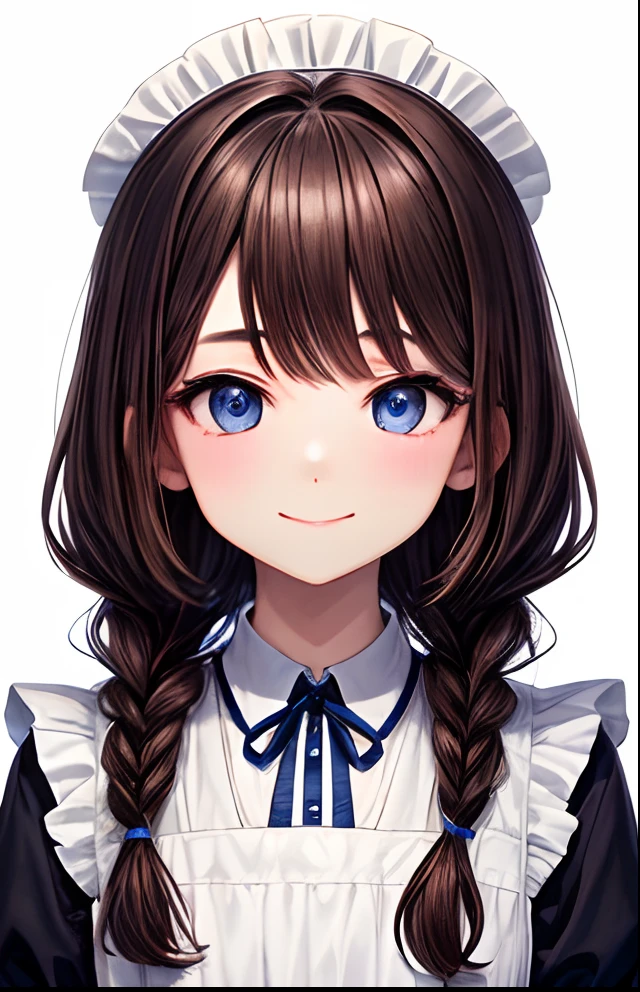 girl with、No background、without background、Background through、Brown hair color hair、The long-haired、long、Braiding、Subject bangs、Pattsun bangs、Aligned bangs、Sareme、drooping eyebrows、Takuambi、Marovi、Round eyebrows、Eye color is light blue、Blue eyes、embarrassed、Embarrassing、White Dress、White Maid Clothes、frilld、Maids、kawaii、Smiling、A smile、childish、No background