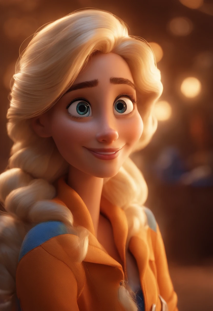 Pixar style image with 3D character white glasses blonde woman, Pharmaceutical, cabelo loiro escuro lisos longos, Disney,Pescador, bonitinho, sorridente ,Close-up, Pixar, Disney, Cinema lighting,