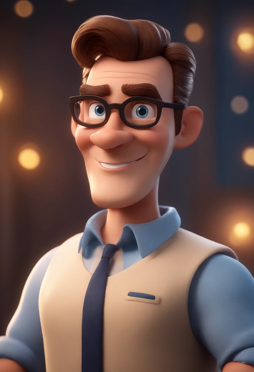 Cartoon character of a man with black glasses and a blue shirt, animation character, Caractere estilizado, animation style rendering, 3D estilizado, Arnold Maya render, 3 d render stylized, toon render keyshot, Personagem 3D, Personagem 3D, 3d rendering stylized, 3 d character render, personagem de desenho animado, Personagem de close up, Pose de personagem, (Estilo Pixar) (master part:1.2) (Bokeh) (best quality) (pele detalhada) (textura detalhada) (8k) (argila) (Cinematic lighting) (foco nítido