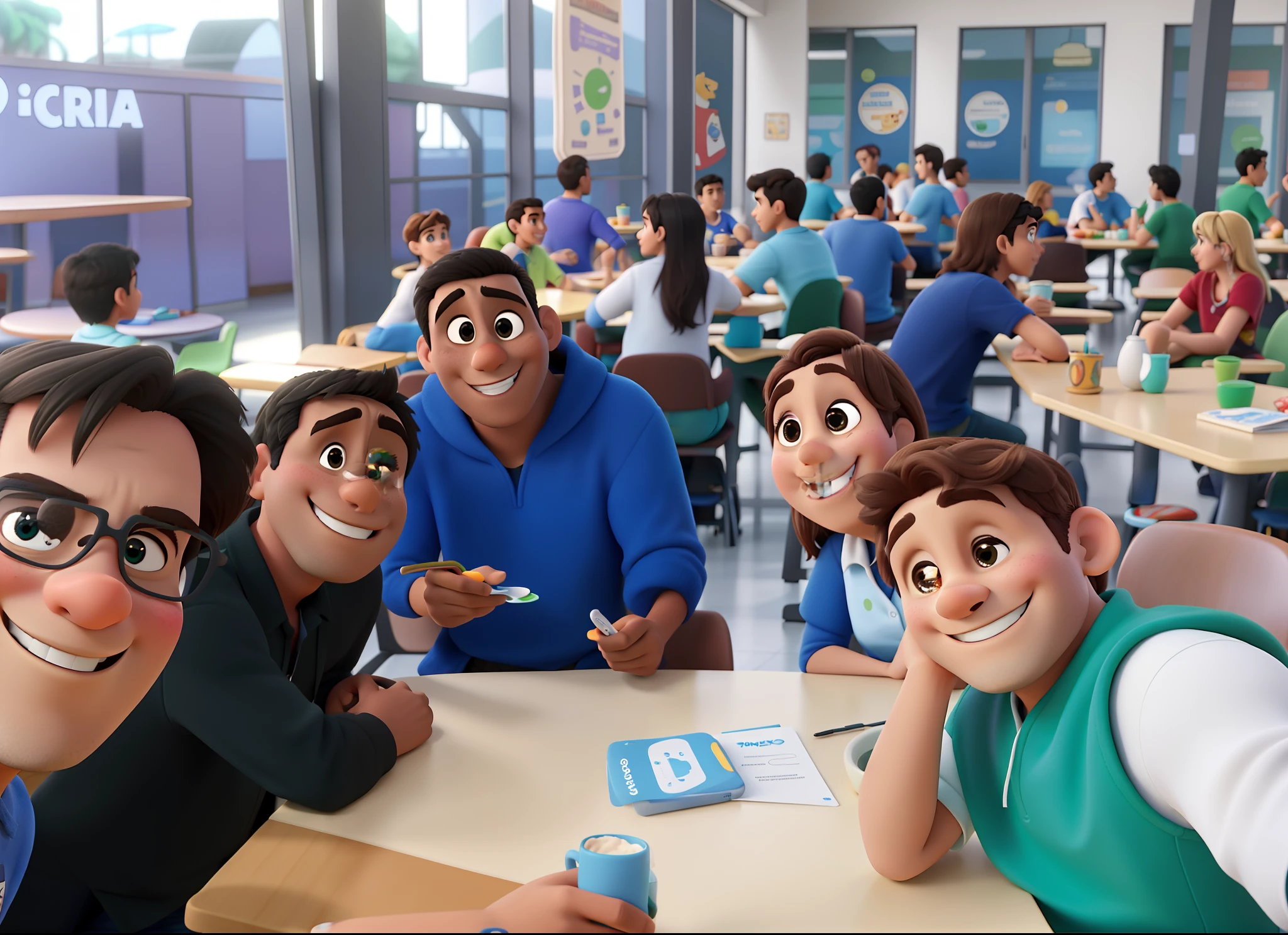 Criar obra da Disney Pixar com os amigos style, alta qualidade, melhor qualidade, pano de fundo de uma cafeteria