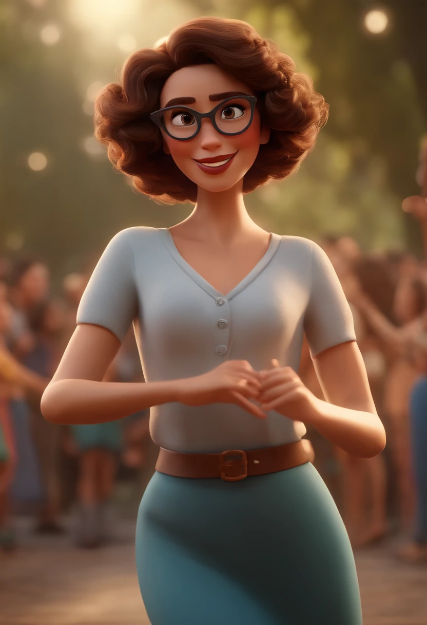 Pixar style image with 3D character white glasses brunette woman short curly hair dancing, Maquiagem Disney,Pescador, bonitinho, sorridente ,Close-up, Pixar, Disney, Cinema lighting,