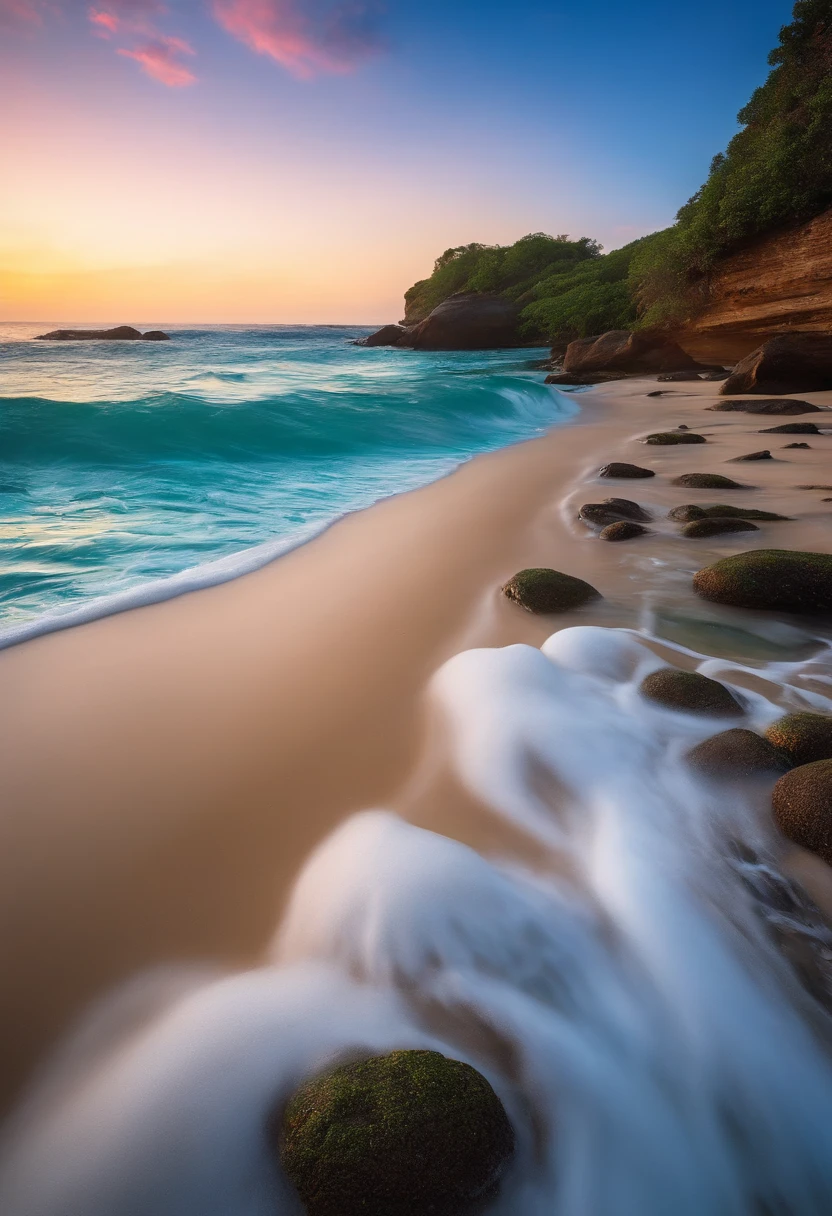 There was a beautiful ocean with crystal clear water and water droplets on the surface.