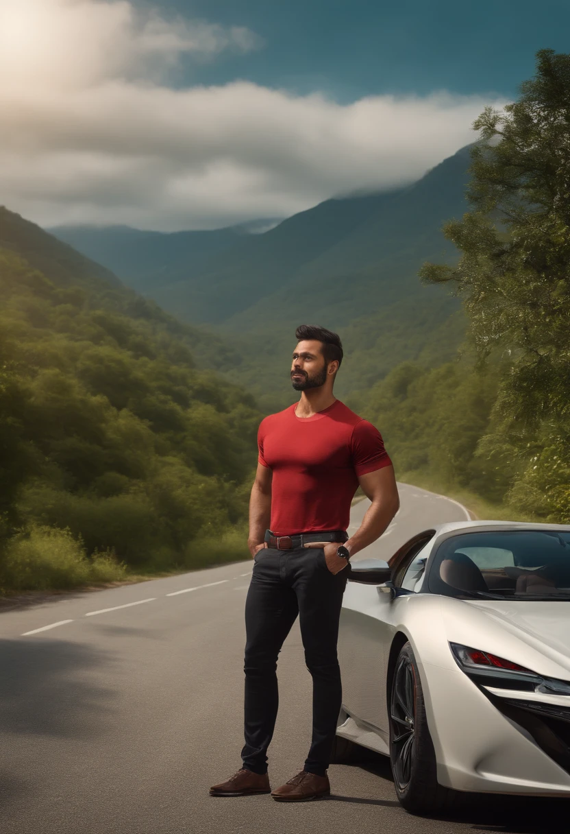 (high quality,4k,8k,highres,masterpiece:1.2),ultra-detailed,(realistic,photorealistic,photo-realistic:1.37),a man,standing,extremely detailed face,intense gaze,short black hair,facial hair,a muscular build,[35-year-old],leaning casually against a [Honda] car,bright red color,clean and shiny,with sleek lines,a winding road,located high in a mountain range,green and lush landscape stretching out in the distance,tall trees creating a scenic backdrop,clear blue sky with fluffy white clouds,sunlight casting a warm glow on the surroundings,serene and peaceful atmosphere,fresh mountain air,rippling sound of a gentle breeze,calm and tranquil mood,a sense of freedom and adventure