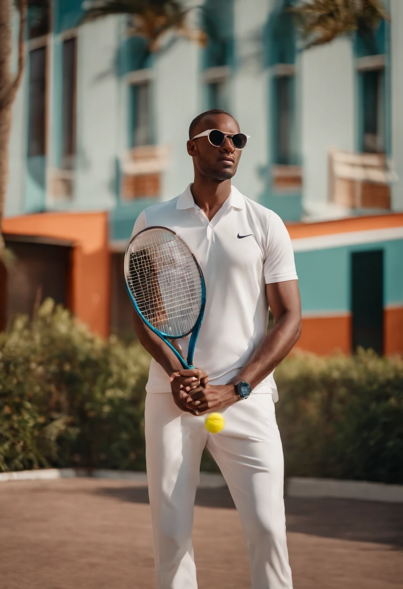Homem de pe de frente para um complexo arquitetonico com tenis branco e oculos de sol