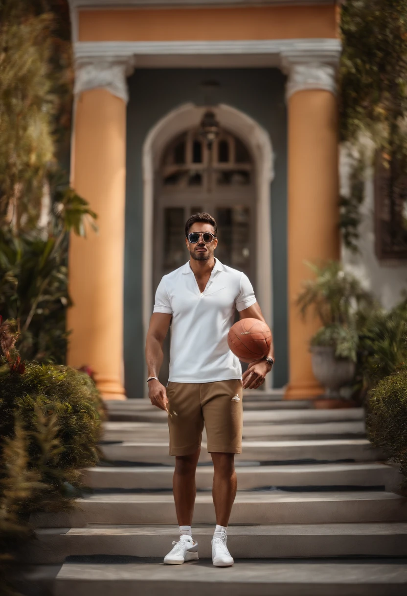 Homem de pe de frente para um complexo arquitetonico com tenis branco e oculos de sol