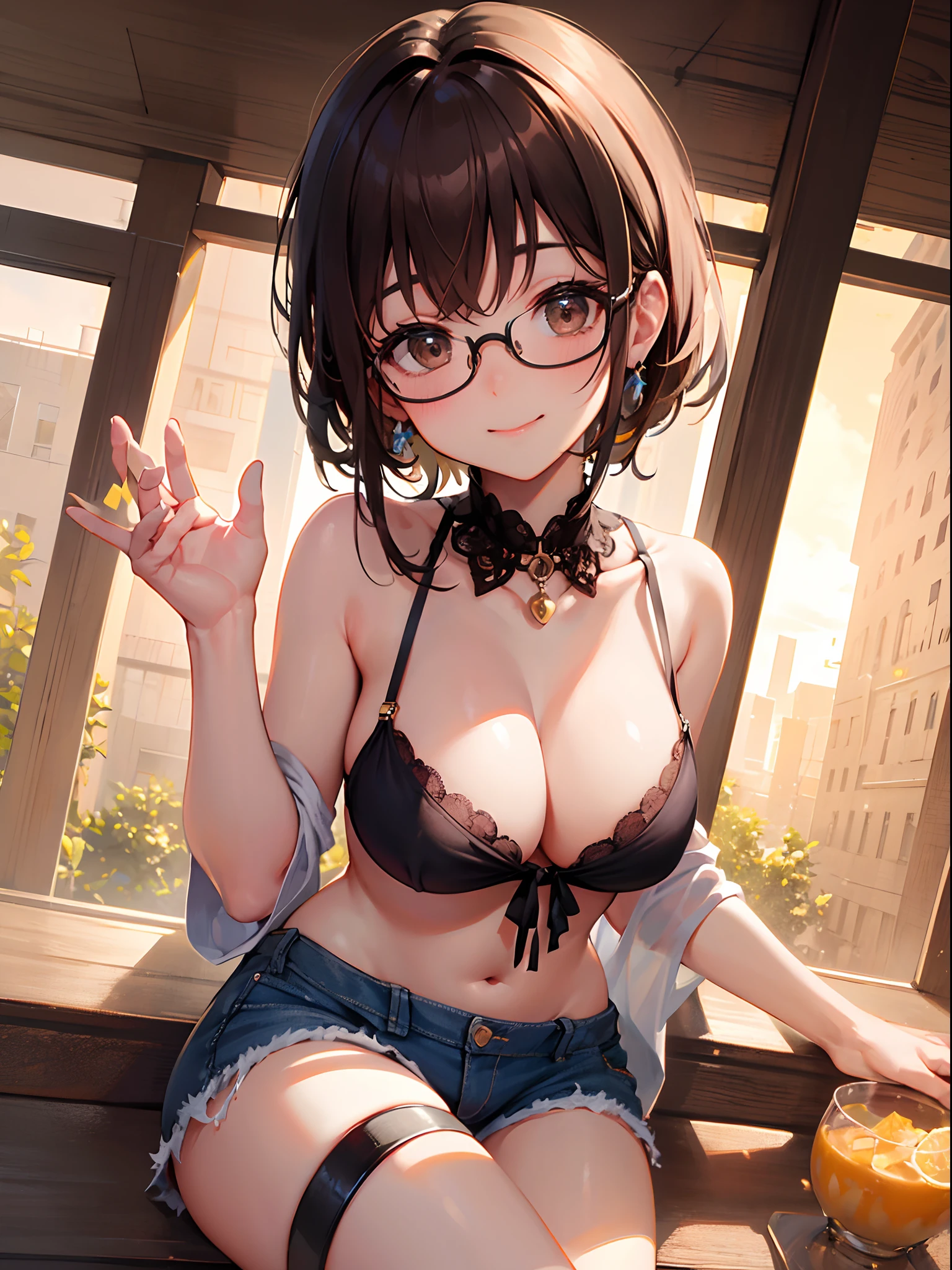 1 female、brown haired、Brown eyes、Black-rimmed glasses、seductive boobs、gorgeous faces、Perfect body。Best Quality、ultra-detailliert、8K resolution、Raw photo、masutepiece。a smile。camisole、shortpants。