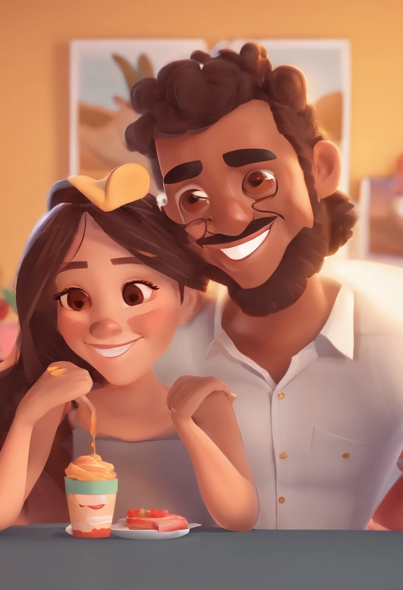 An illustration of an adorable couple, Highlight for a chubby mulatto man with glasses smiling and a brunette woman with beautiful expressive eyes - the man's skin is mulatto and the man's hair haswhile the woman's skin is black and the woman's hair is straight and brown. They are a bright room, cada um com um sorriso no rosto, e compartilhar um momento especial caracterizado pelo amor, Insights. Illustrate this scene from a perspective where they are facing the camera, Smiling and Showing Your Connection. Desenvolva esta arte em Full HD, Focus on your cinematic touch, Estilo Disney Pixar Animations