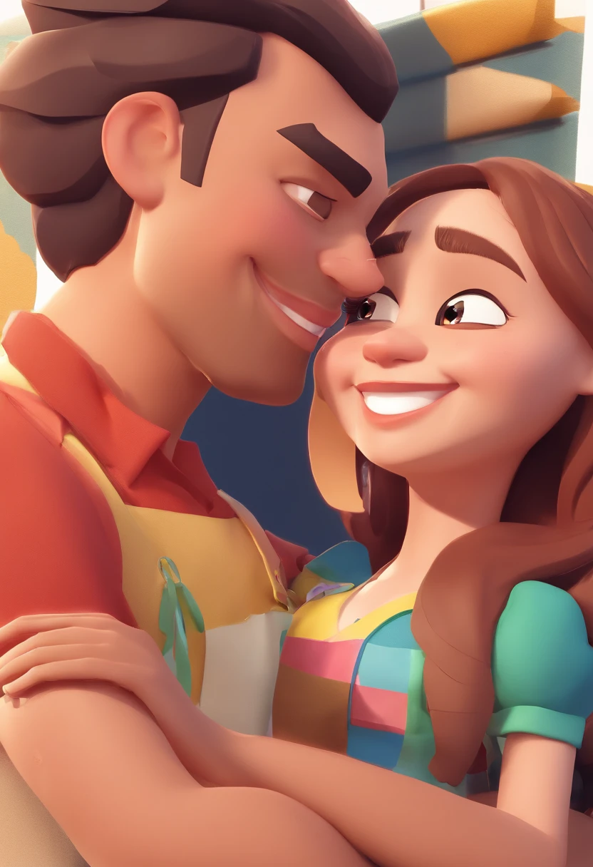 An illustration of an adorable couple, Highlight for a chubby mulatto man with glasses smiling and a brunette woman with beautiful expressive eyes - the man's skin is mulatto and the man's hair haswhile the woman's skin is black and the woman's hair is straight and brown. They are a bright room, cada um com um sorriso no rosto, e compartilhar um momento especial caracterizado pelo amor, Insights. Illustrate this scene from a perspective where they are facing the camera, Smiling and Showing Your Connection. Desenvolva esta arte em Full HD, Focus on your cinematic touch, Estilo Disney Pixar Animations