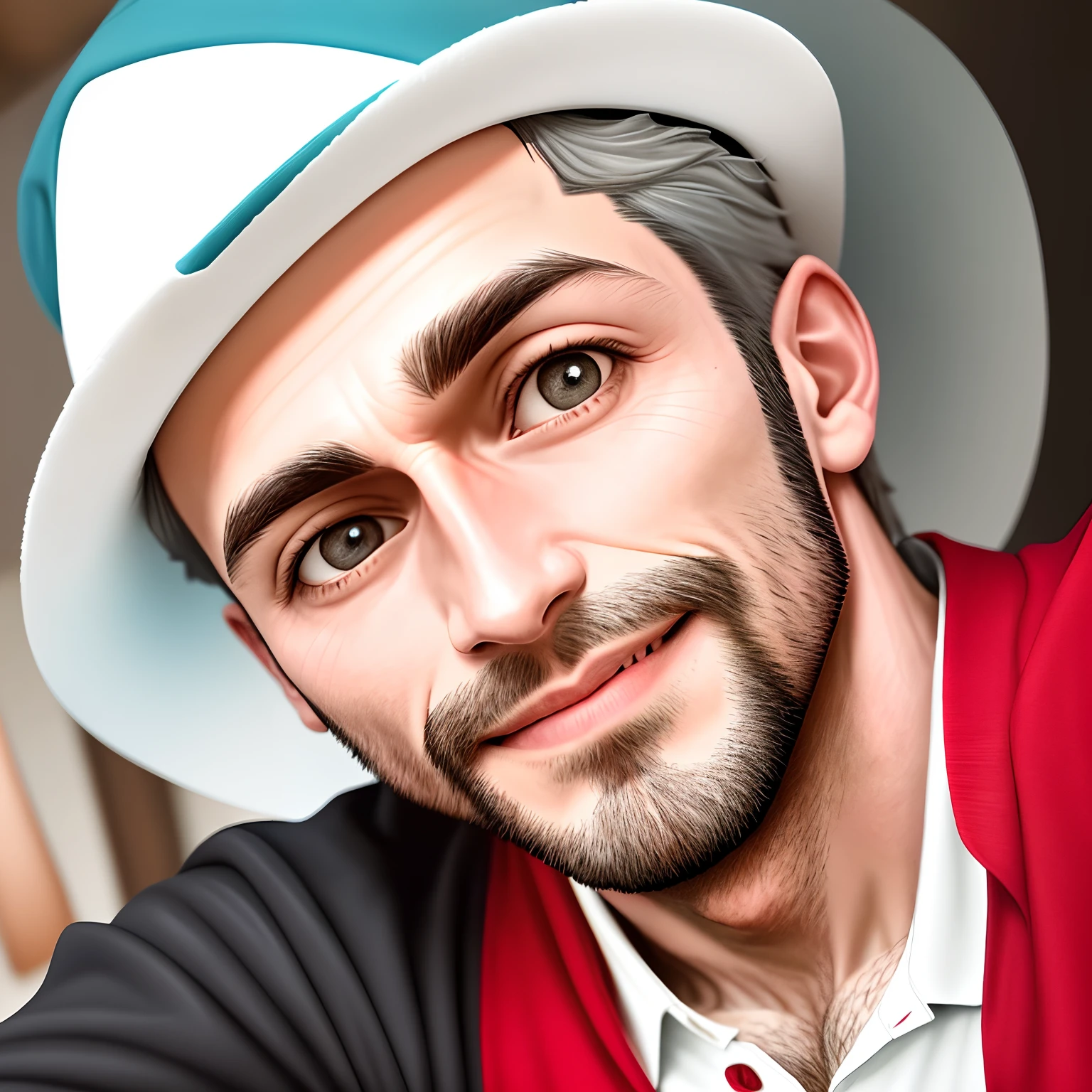 Homem de 37 anos, barba mal feita, camisa polo vermelha, white hat, tirando selfie sorrindo