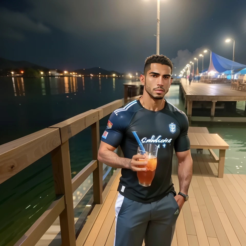 there is a man standing on a dock holding a drink, caio santos, by Julius as if, photo taken at night, david rios ferreira, nigth, nick silva, taken in the night, ronaldo nazario fenomeno, edon guraziu, dan dos santos, farol da barra, at night, sport
