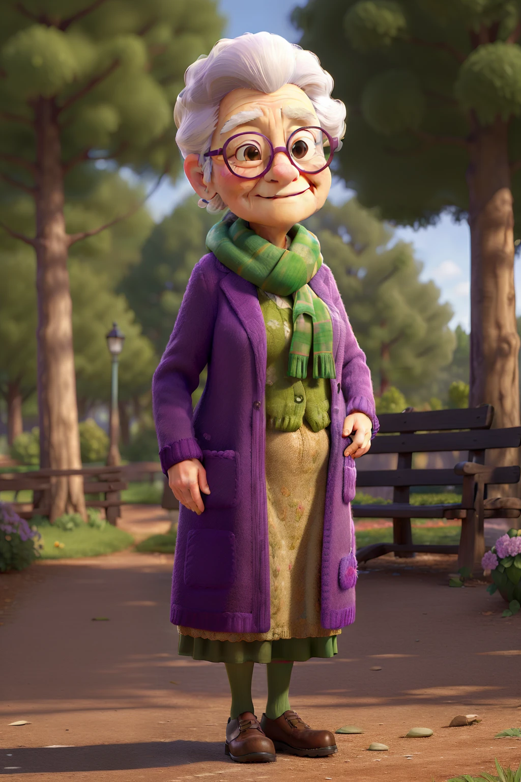 (best quality, high resolution, masterpiece:1.2), an elderly woman wearing glasses and a scarf standing in a park, dressed in a purple coat and a green scarf. Illustration, natural lighting, realistic style, a blend of realism and impressionism, vibrant color tones, delicate textures, fine brushstrokes, sharp focus, medium details, elegant gestures and poses, a gentle breeze.