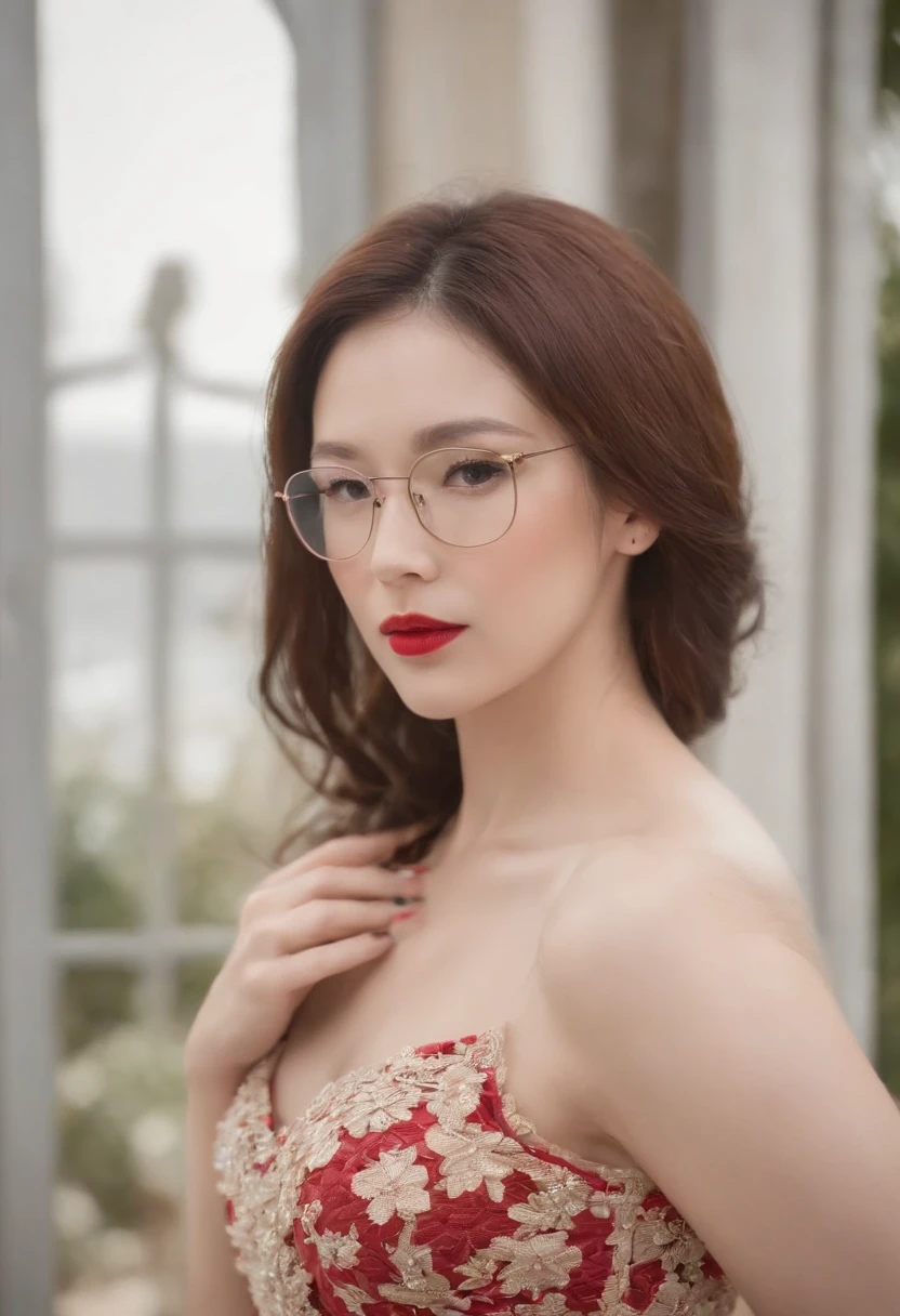 Mulher bonita coreana，Cabelos ondulados grandes，red lips，wearing glasses，Vestido Profissional，Clareamento da Pele，Melon Seed Face，long eyelashes，clivagem em close-up, cabelos avermelhados, seios muito grandes