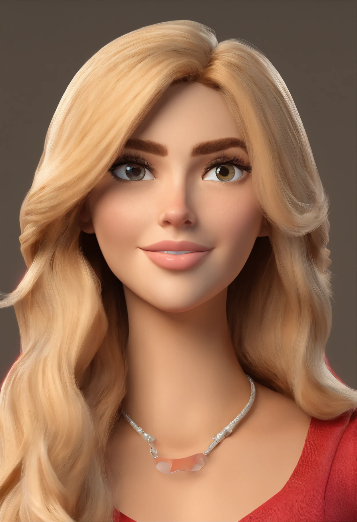 Cartoon character of a nice woman with long hair with blond highlights, olhos castanhos escuris, e uma camisa branca fria, animation character.