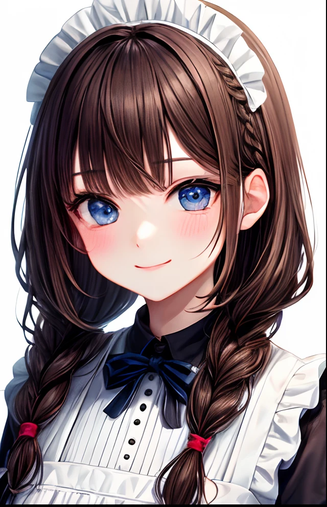 girl with、No background、without background、Background through、Brown hair color hair、The long-haired、long、Braiding、Subject bangs、Pattsun bangs、Aligned bangs、Sareme、drooping eyebrows、Takuambi、Marovi、Round eyebrows、Eye color is light blue、Blue eyes、embarrassed、Embarrassing、White Dress、White Maid Clothes、frilld、Maids、kawaii、Smiling、A smile、childish、No background