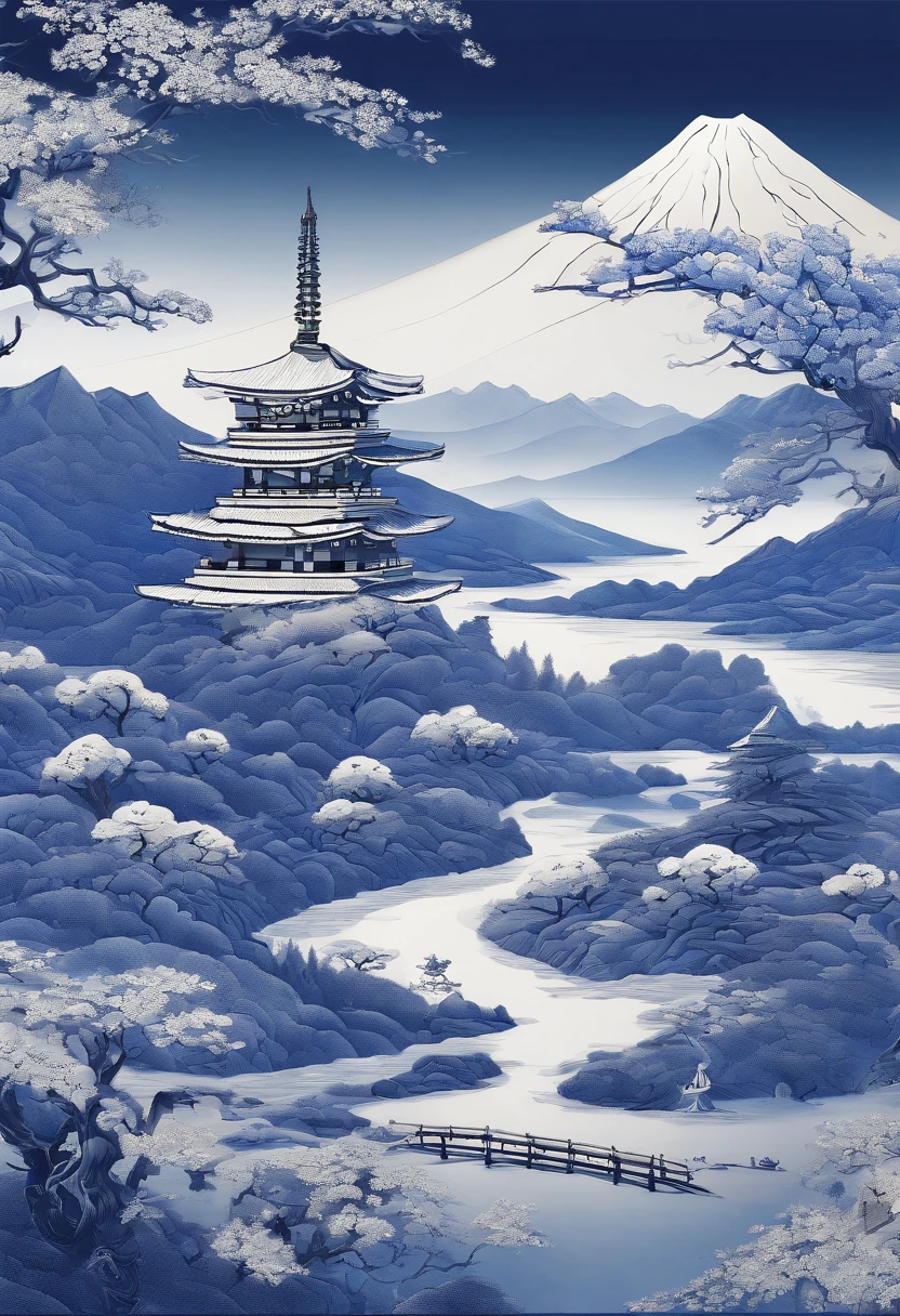 Blue and white porcelain,Mt. Fuji dwelling map,Ceramic material,wall paintings,artwork of a,High detail,3D,Chiaroscuro, Cinematic lighting, god light, Cinematic lighting, hyper HD, High details, Best quality, A high resolution, Textured skin