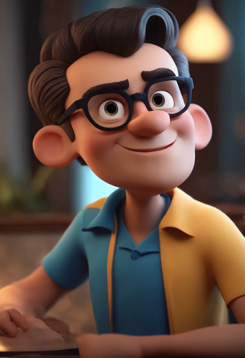Cartoon character of a man with black glasses and a blue shirt, animation character, Caractere estilizado, animation style rendering, 3D estilizado, Arnold Maya render, 3 d render stylized, toon render keyshot, Personagem 3D, Personagem 3D, 3d rendering stylized, 3 d character render, personagem de desenho animado, Personagem de close up, Pose de personagem, (Estilo Pixar) (master part:1.2) (Bokeh) (best quality) (pele detalhada) (textura detalhada) (8k) (argila) (Cinematic lighting) (foco nítido