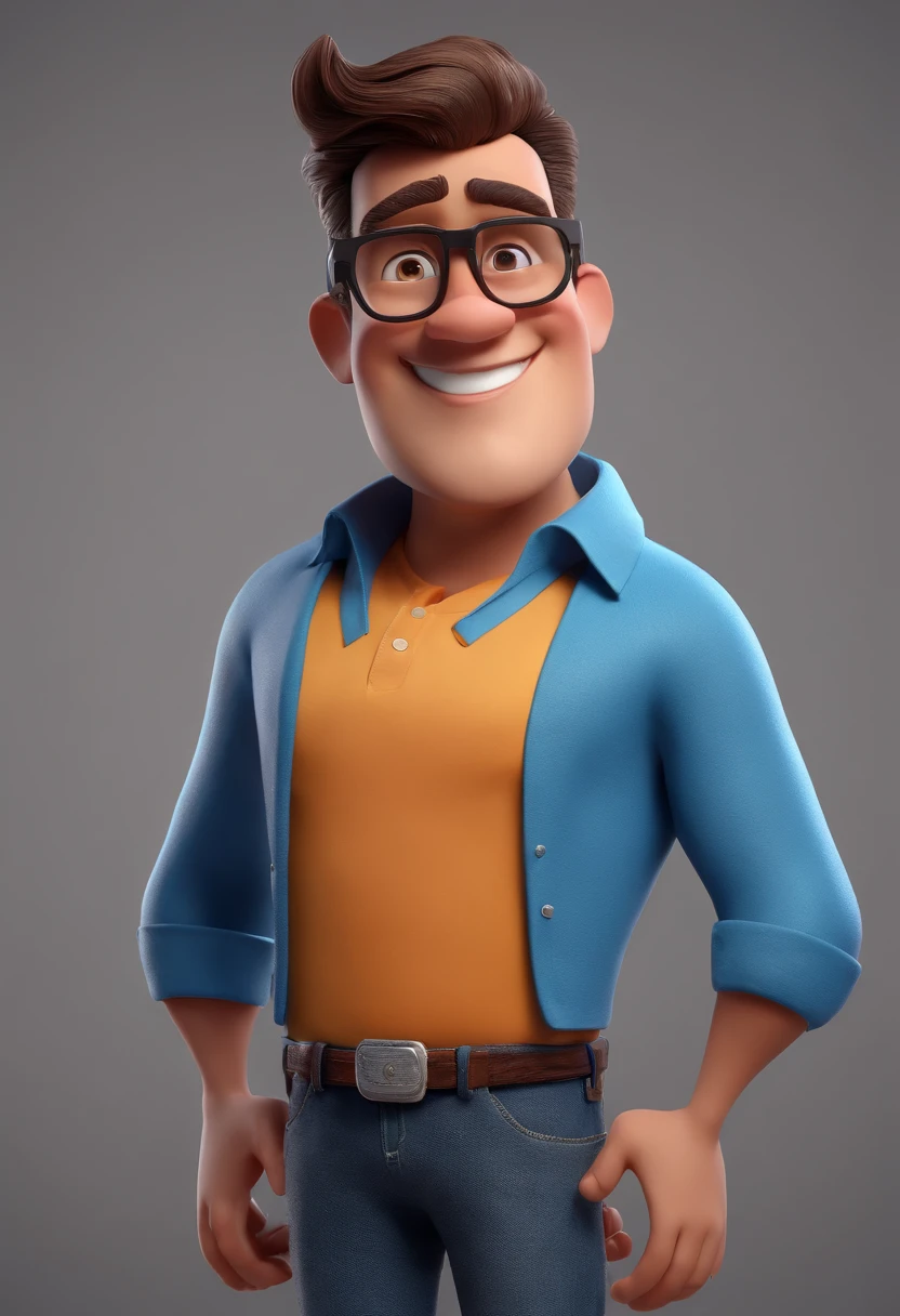 Cartoon character of a man with black glasses and a blue shirt, animation character, Caractere estilizado, animation style rendering, 3D estilizado, Arnold Maya render, 3 d render stylized, toon render keyshot, Personagem 3D, Personagem 3D, 3d rendering stylized, 3 d character render, personagem de desenho animado, Personagem de close up, Pose de personagem, (Estilo Pixar) (master part:1.2) (Bokeh) (best quality) (pele detalhada) (textura detalhada) (8k) (argila) (Cinematic lighting) (foco nítido