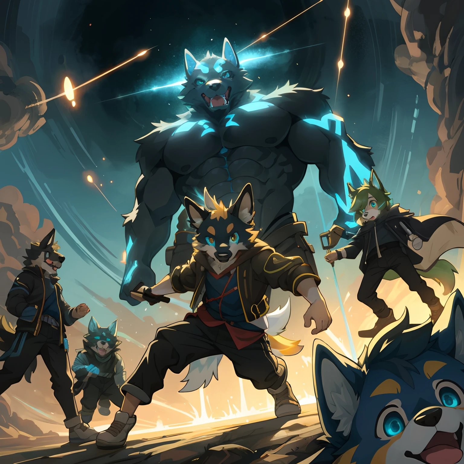 top-quality, bestquality, high quality illustration, masterpiece, ultra-high resolution, detailed background, Holographic Glow Line((Movies of dogs and human children)), 6+boy, 6+youthful, Absurd(Beautiful faces and eyes are highly detailed..)perfect anatomy, expression, caustics, Dynamic lighting, light particle, Movie Shadow(けもの, furry anthro)assorted poses, dynamic angle,